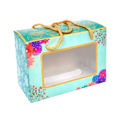 Set of 10 PCS Rectangle Pista Colour Multipurpose Floral Designs Festival Jar Hamper Box, Paper Bag, Transparent Window, Size 7x4x5 Inch for Chocolates, Premium Gifts Bags with Golden Rope Handle