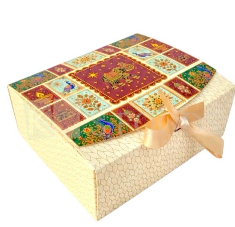 Set of 10 PCS Rectangle Bandhani Print Big Hamper Ribbon Box, Ethnic Box, Size 9x7x3 Inch for Chocolates, Sweets, Mithai, Premium Festive Hamper Box in Matt Finished Design, Reusable Gift Packaging