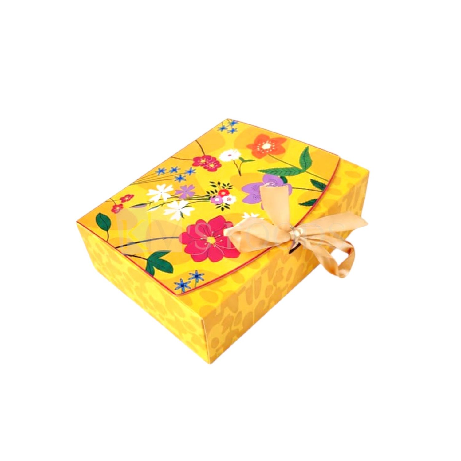Set of 10 PCS Rectangle Yellow Colour Flowers Leaf Printed Hamper Ribbon Box, Size 7.5x6x2 Inch for Chocolates, Sweets, Premium Festive Hamper Box in Matt Finished Design, Reusable Gift Packaging