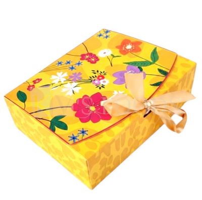 Set of 10 PCS Rectangle Yellow Colour Flowers Leaf Printed Hamper Ribbon Box, Size 7.5x6x2 Inch for Chocolates, Sweets, Premium Festive Hamper Box in Matt Finished Design, Reusable Gift Packaging