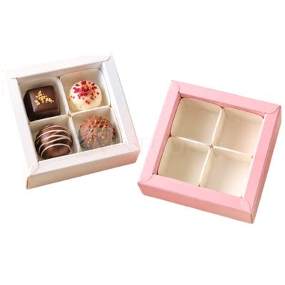 Set of 10 PCS White/Pink, 4 Cavity President Chocolate Boxes with Transparent Lid and Cavity, Hamper Box for Cookies Chocolates Sweets, Truffles, Pralines Ladoo Candles Pacakging DIY Festival Gift box