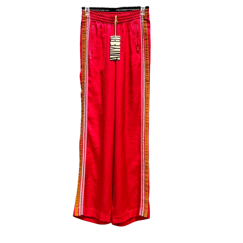 Women&#39;s Satin Red Pants - Velvet Side Stripes, High Waist, Jogging Style