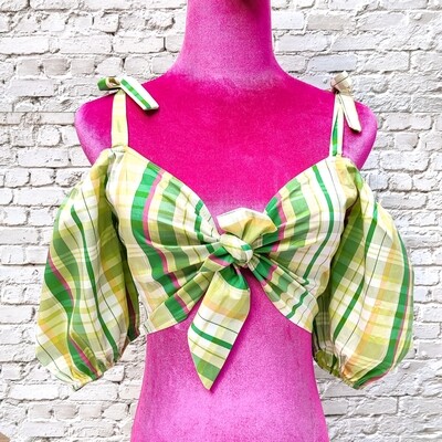 Plaid Tie-Front Crop Top – Green