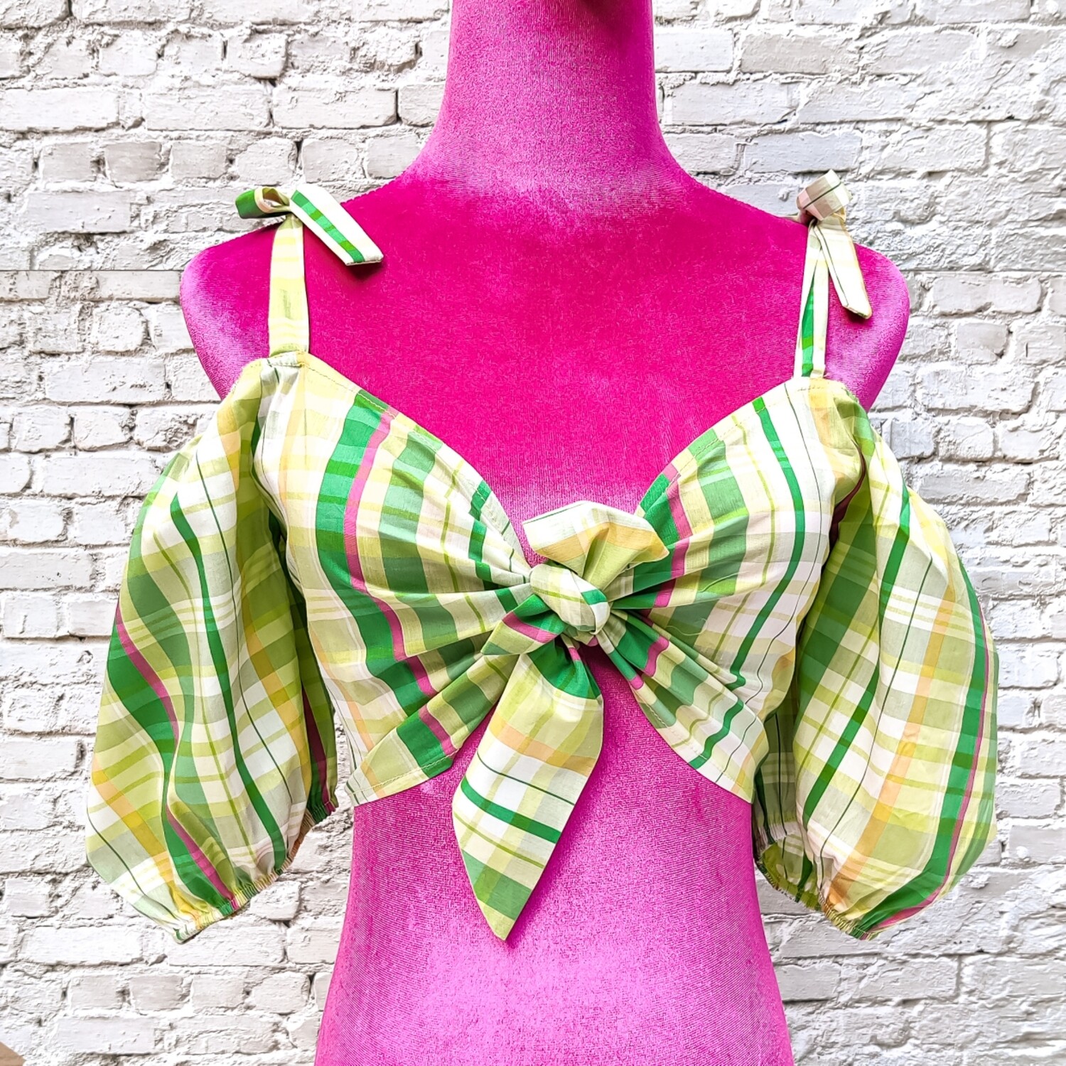Plaid Tie-Front Crop Top – Green