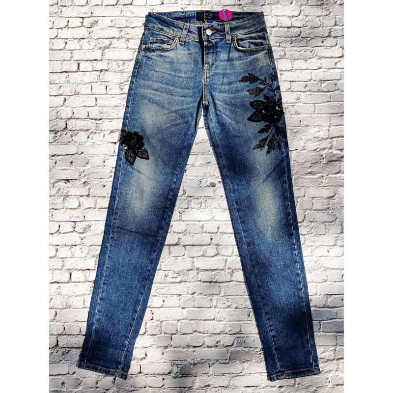 Slim Jeans for Women in Blue with Embroidered Flowers in Sequins and Black Pearls