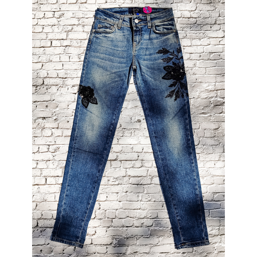 Slim Jeans for Women in Blue with Embroidered Flowers in Sequins and Black Pearls