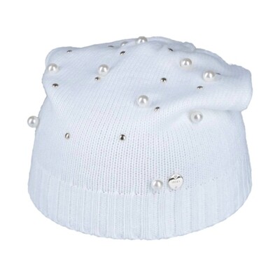 Bonnet Bijoux Femme Laine Blanc avec Perles et Strass - Liu Jo