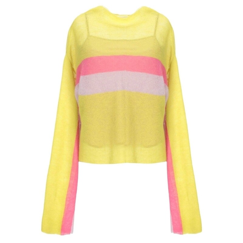 pull laine femme vert acide avec rayure rose mauve 