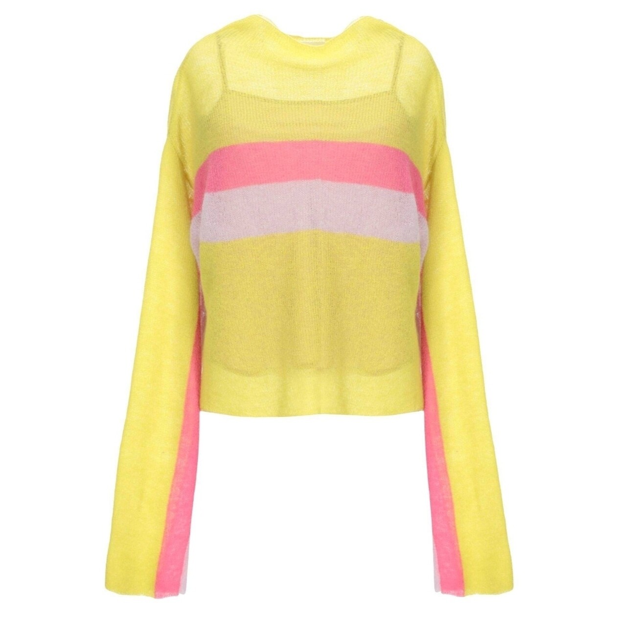 pull laine femme vert acide avec rayure rose mauve 