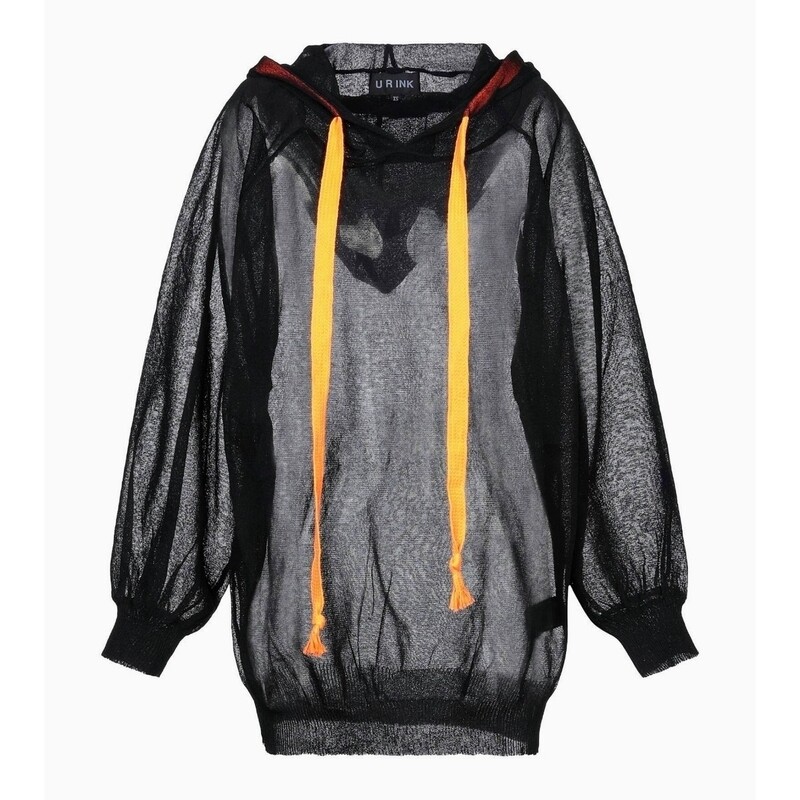 Black Women&#39;s Hoodie Semi-Transparent, Stylish with Large Orange Drawstring