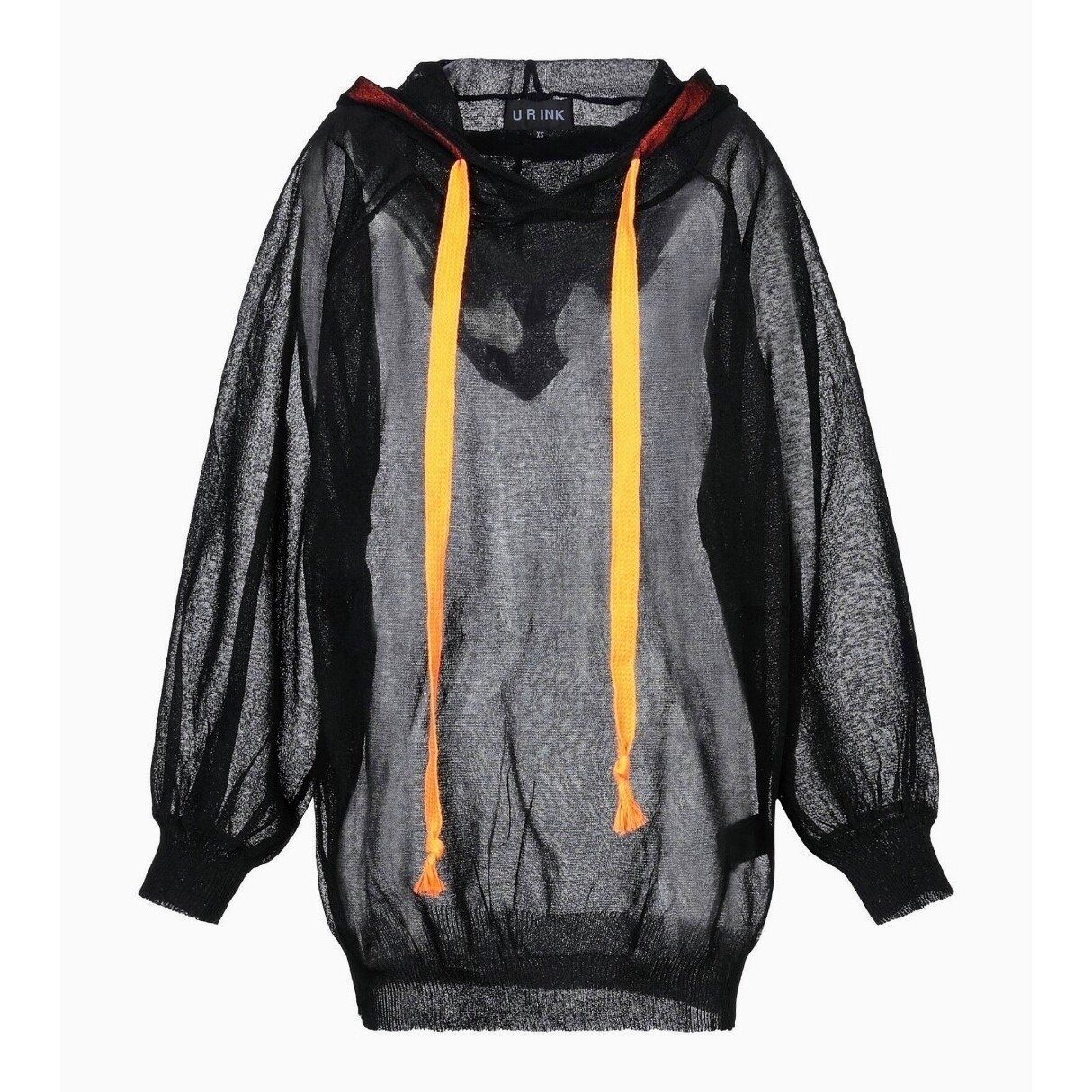 Black Women&#39;s Hoodie Semi-Transparent, Stylish with Large Orange Drawstring