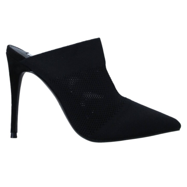 Women&#39;s Black High Heeled Pointed Toe Open Weave Mules