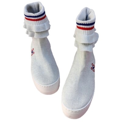 Women&#39;s White Glitter Sock Sneakers with Ruffles and Platform