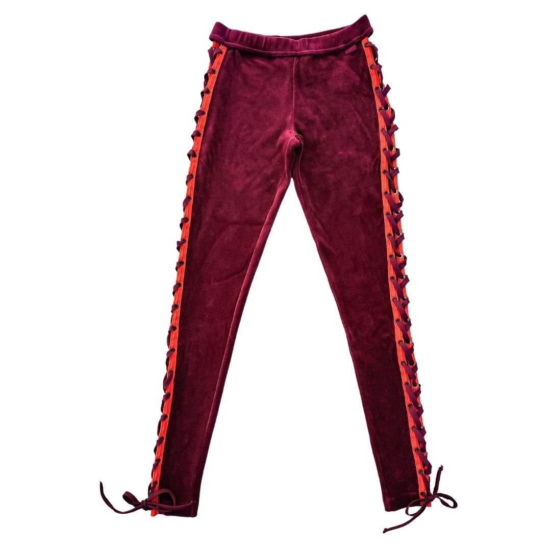 Legging femme en velours bordeaux avec lacets latéraux