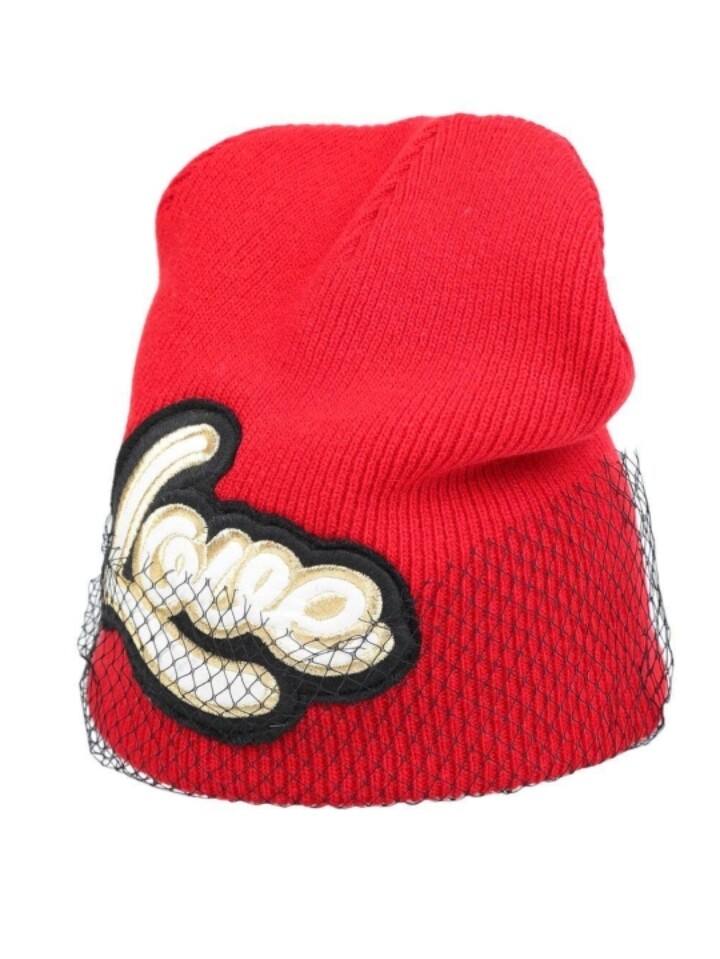 Bonnet Femme Rouge Brodé Love avec Voile Résille - Pinko