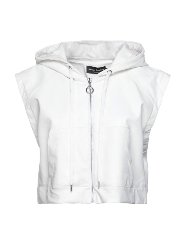 Women&#39;s Sleeveless Hooded Jacket – White Faux Leather, Trendy Zip