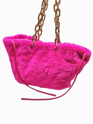 Women&#39;s Fuchsia Pink Fur Bag with Large Gold Chain
