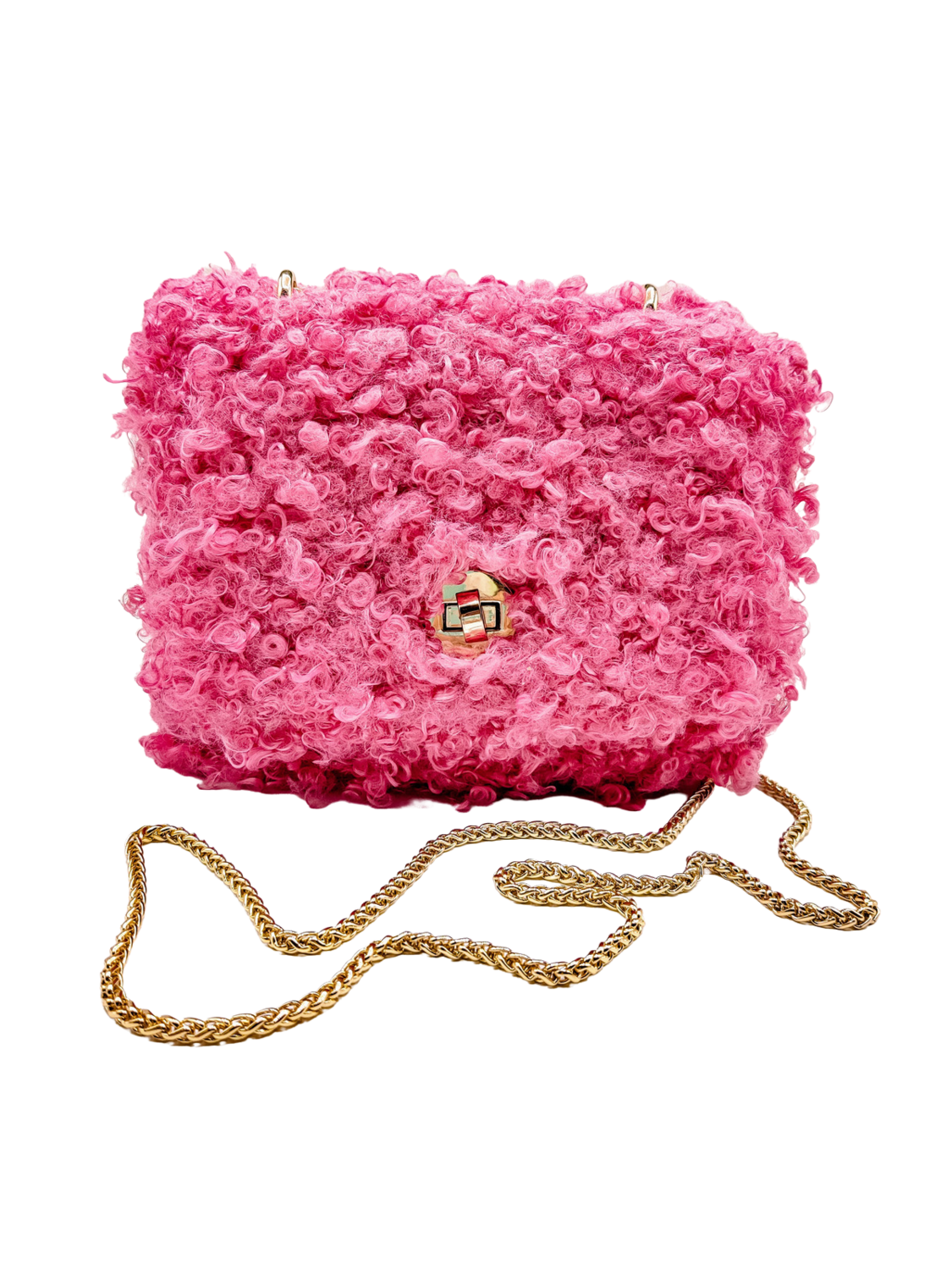 Pink Faux Fur Handbag for Women with Gold Chain Strap - Small Size