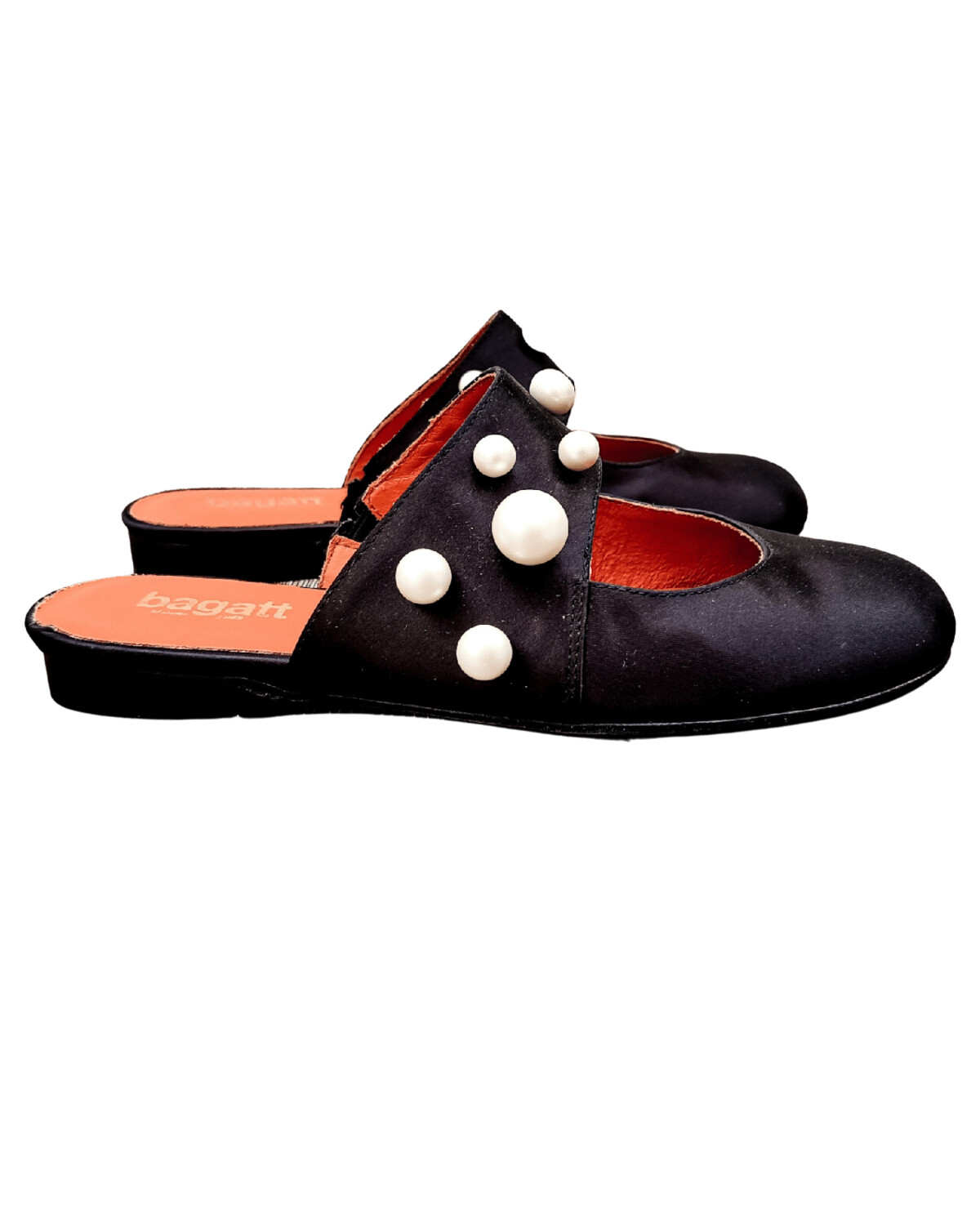 Women&#39;s Black Satin Mules with Round Toe, Large Pearls, and Wide Strap