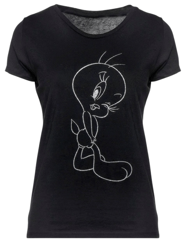 Women&#39;s Black T-shirt with Silver Sequin &#39;Tweety&#39; Print