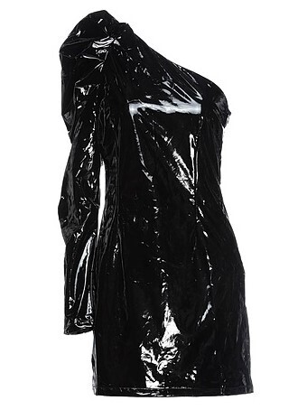 Women&#39;s Black Shiny One Sleeve Dress - Faux Patent Leather, Fitted, Winter Lining