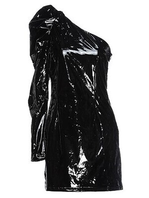 Women&#39;s Black Shiny One Sleeve Dress - Faux Patent Leather, Fitted, Winter Lining