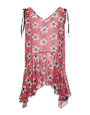 Floral Tunic for Women, Red, Sleeveless, Transparent - V-neck and Ruffle