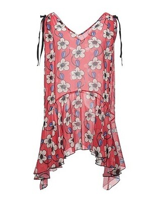 Floral Tunic for Women, Red, Sleeveless, Transparent - V-neck and Ruffle