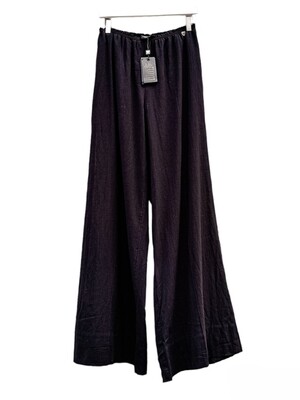 Women&#39;s Wide Black Cotton Pants with Elastic Waist Semi-Transparent