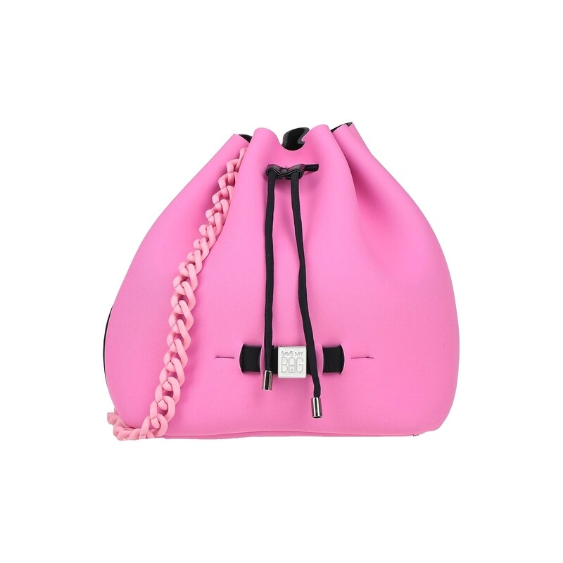 Pink Neoprene Bucket Bag for Women with Pink Chain Shoulder Strap, Sporty-Chic and Modern Style
