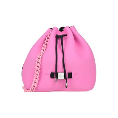Borsa a Secchiello Rosa in Neoprene per Donna con Tracolla a Catena Rosa, Stile Sport-Chic e Moderno