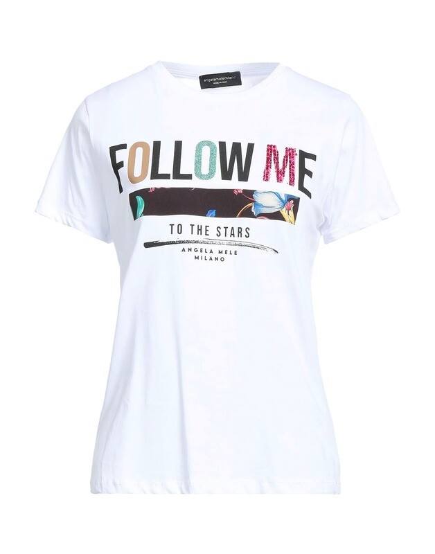 Women&#39;s white T-shirt with multicolored glitter message &quot;Follow me&quot;