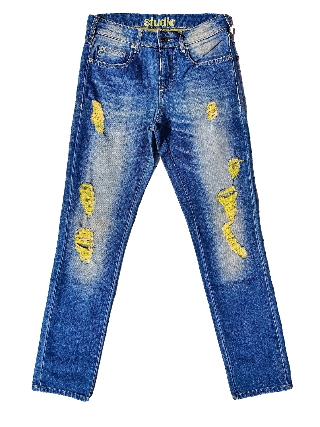 Slim Jeans for Women with Distressed Effect and Yellow Threads