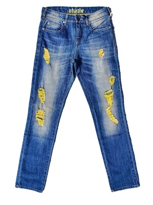 Slim Jeans for Women with Distressed Effect and Yellow Threads