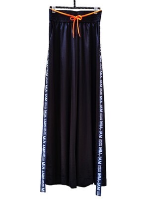 Satin Hose Damen Weit Schwarz - Hohe Taille, Seitliche Streifen