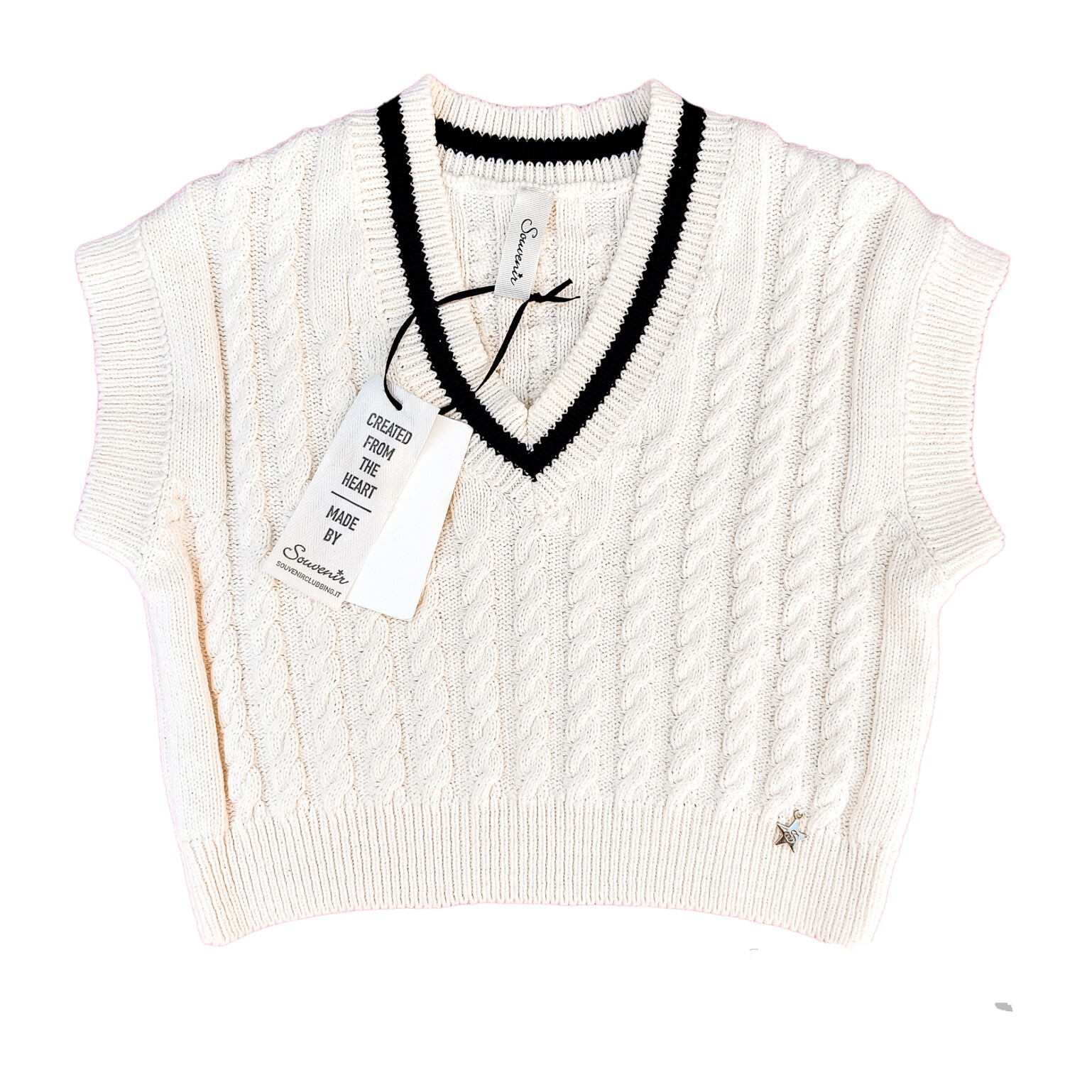 Women&#39;s Ecru Sleeveless Twisted Cotton Sweater with V-Neck