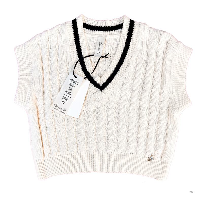 Women&#39;s Ecru Sleeveless Twisted Cotton Sweater with V-Neck