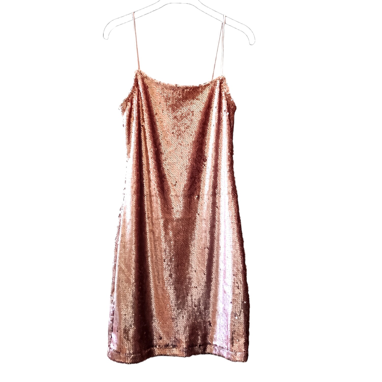 Fitted sequin dress in rose gold champagne with thin straps