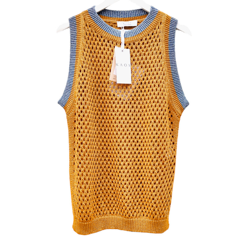 Women&#39;s Sleeveless Openwork Sweater in Mustard Yellow with Round Neck