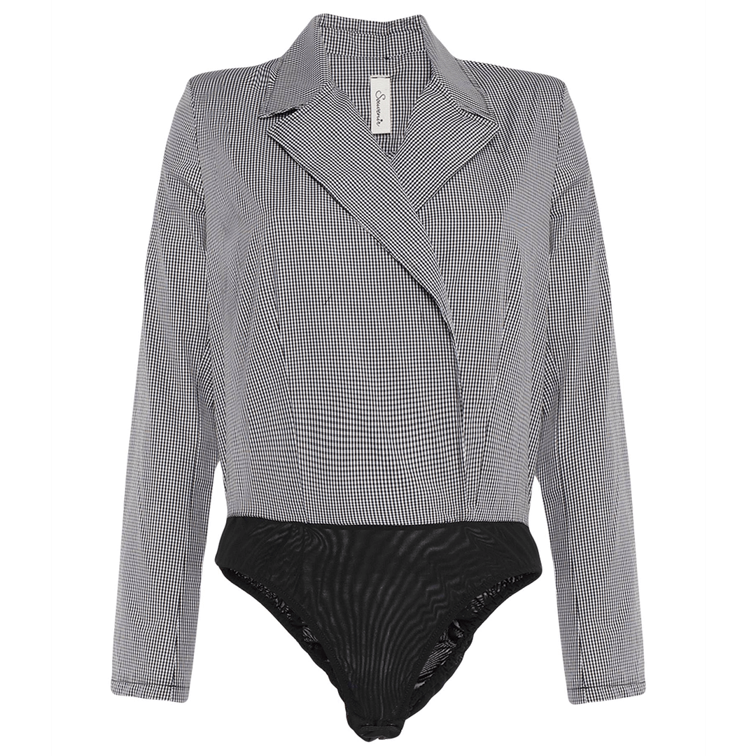 Elegant Women&#39;s Bodysuit - Long Sleeves, Black and White Gingham Check.