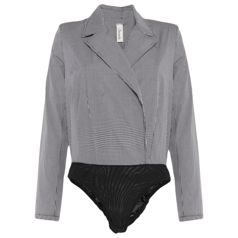 Elegant Women&#39;s Bodysuit - Long Sleeves, Black and White Gingham Check.