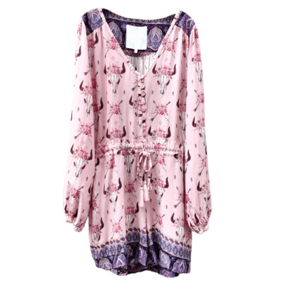 Bohemian Floral Romper for Woman in Light Pink with Long Sleeves