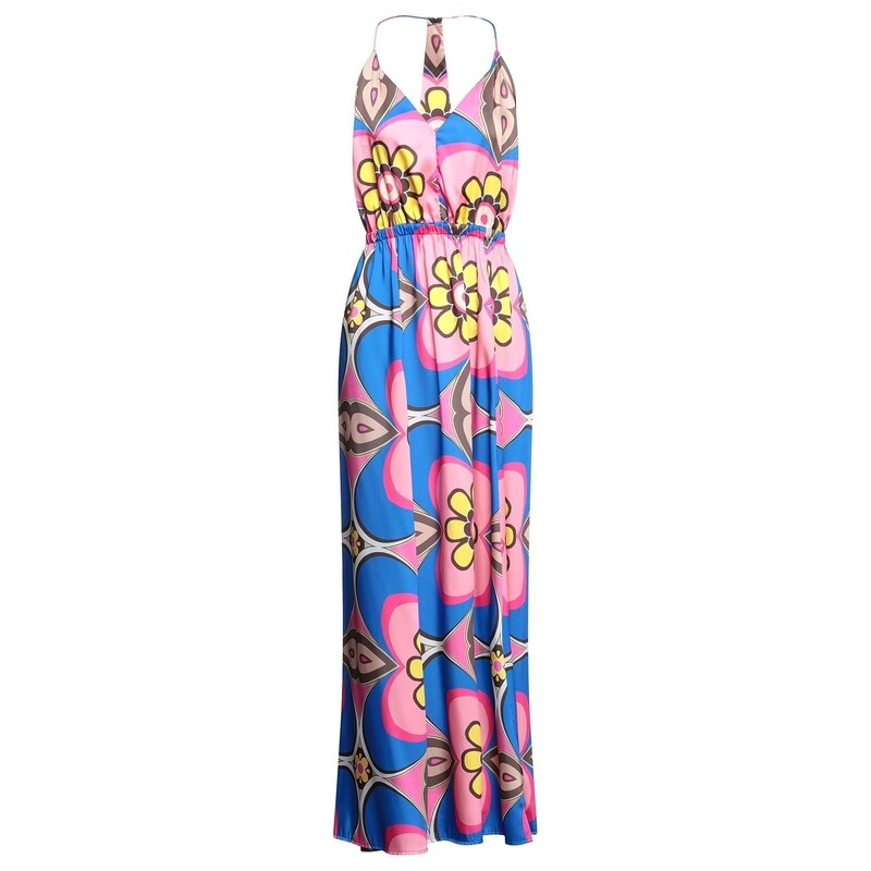 Long Blue Satin Dress with Bold Flowers