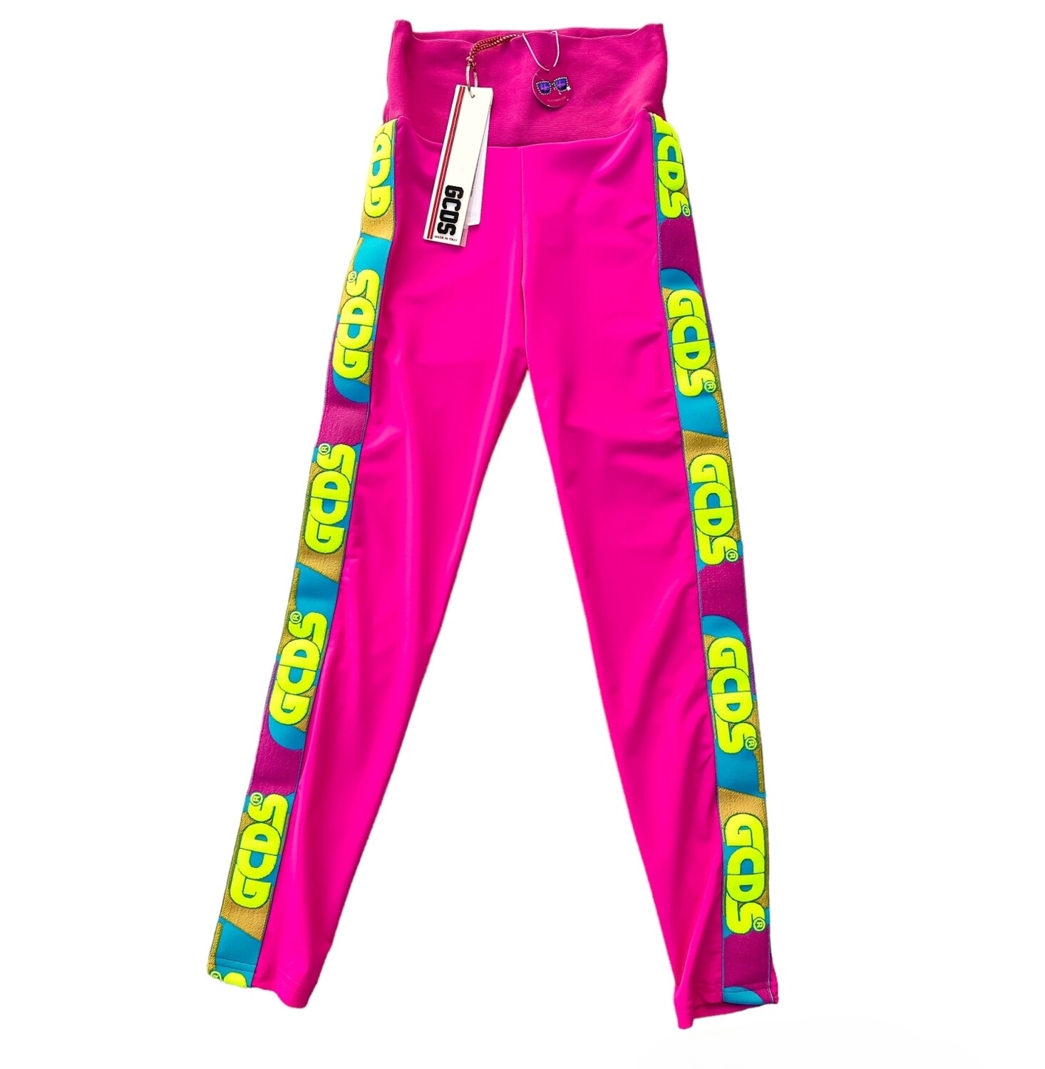 Legging femme sport chic rose fuchsia avec bande logo de la marque GCDS