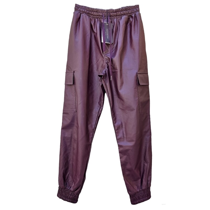 High-Waisted Burgundy Faux Leather Pants for Women - Cargo, Jogger