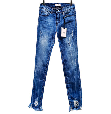 Slim Jeans for Women in Medium Blue with Ankle Distressing and Fringes