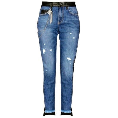  Women&#39;s slim jeans blue denim and black leather - high waist - Liu Jo