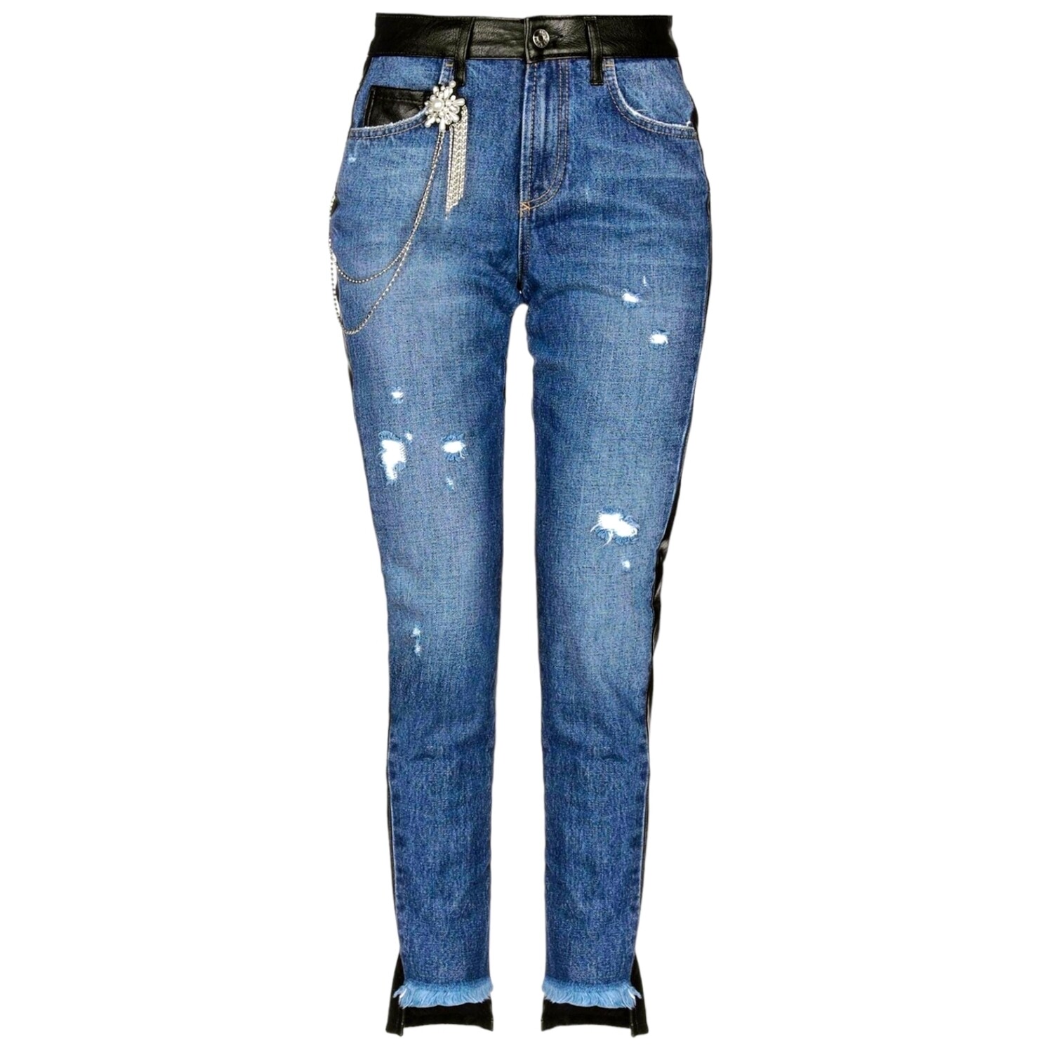 Slim jeans dam blå denim och svart läder - hög midja - Liu Jo