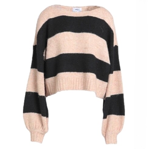 Pull laine femme beige à grosses rayures noires et manches bouffantes