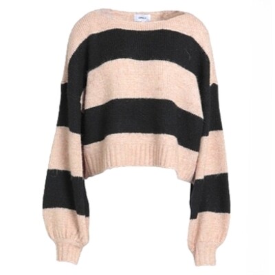 Pull laine femme beige à grosses rayures noires et manches bouffantes